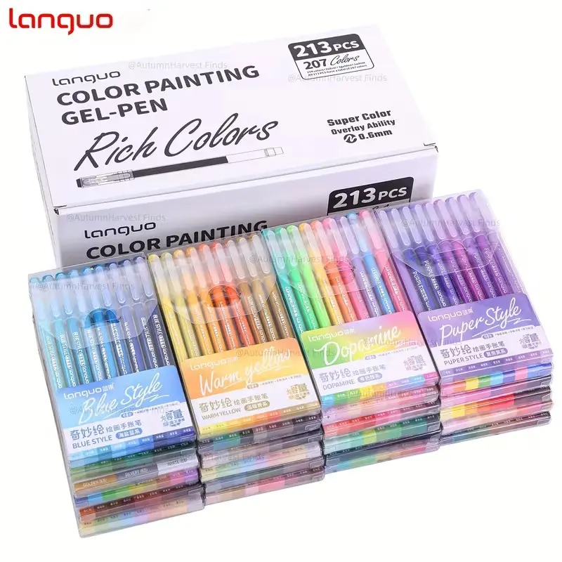 Languo Gel Pen Set, 213pcs Large Capacity, 0.6mm Tip, Colorful Markers, Multi Purpose Pens for Office, Drawing, Journaling, DIY, Art Supplies, Gift Box