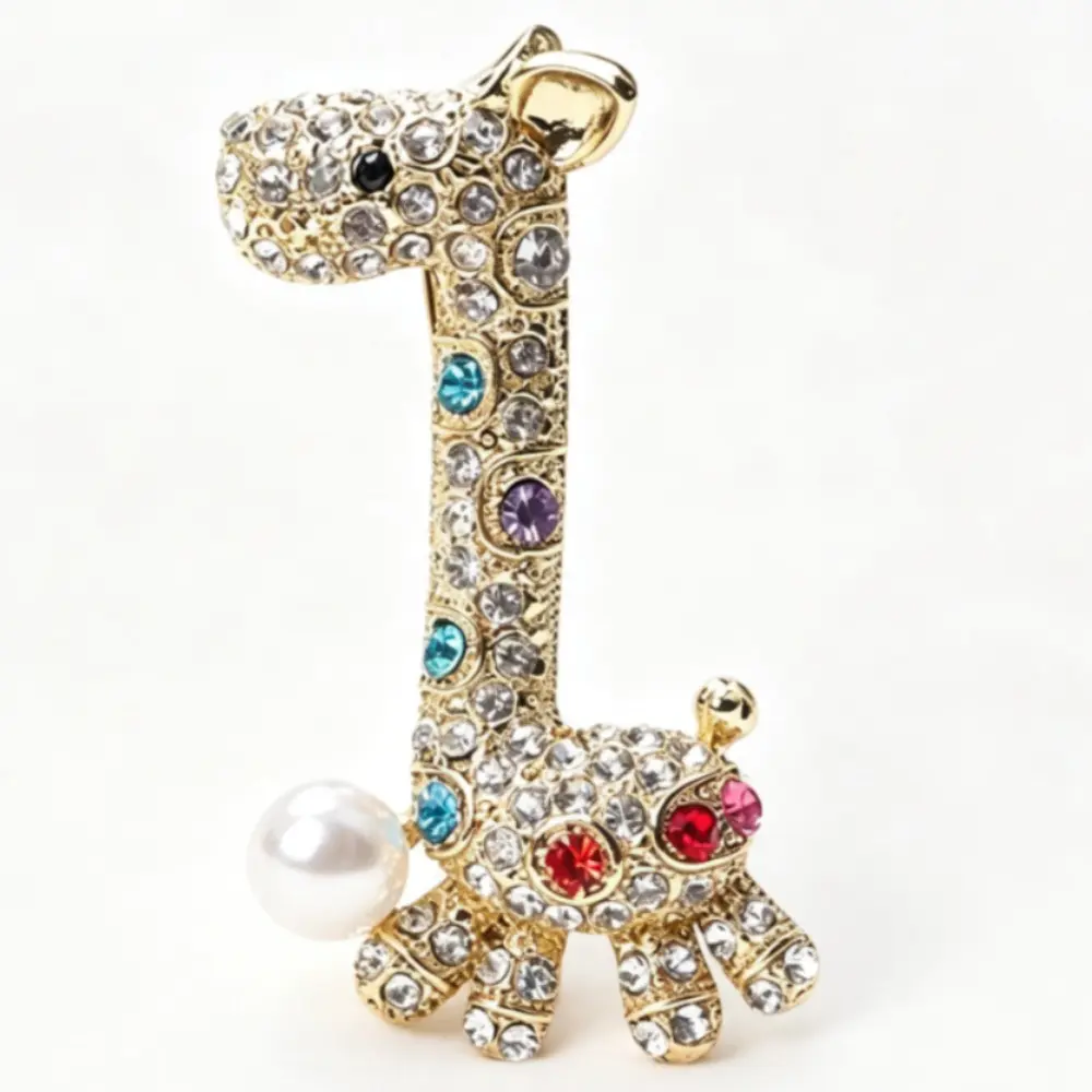Gold Giraffe Brooch Fully Paved Clear and Colorful Rhinestone Matched with Big White Pearl Cute Animal Outfit Pin