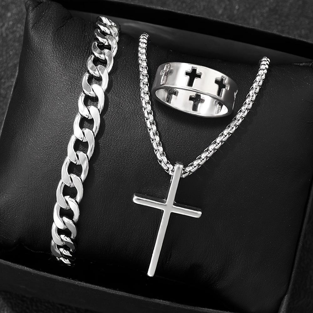Silver Cross Jewelry Set for Men, Cuban Link Bracelet Cross Pendant Necklace Ring