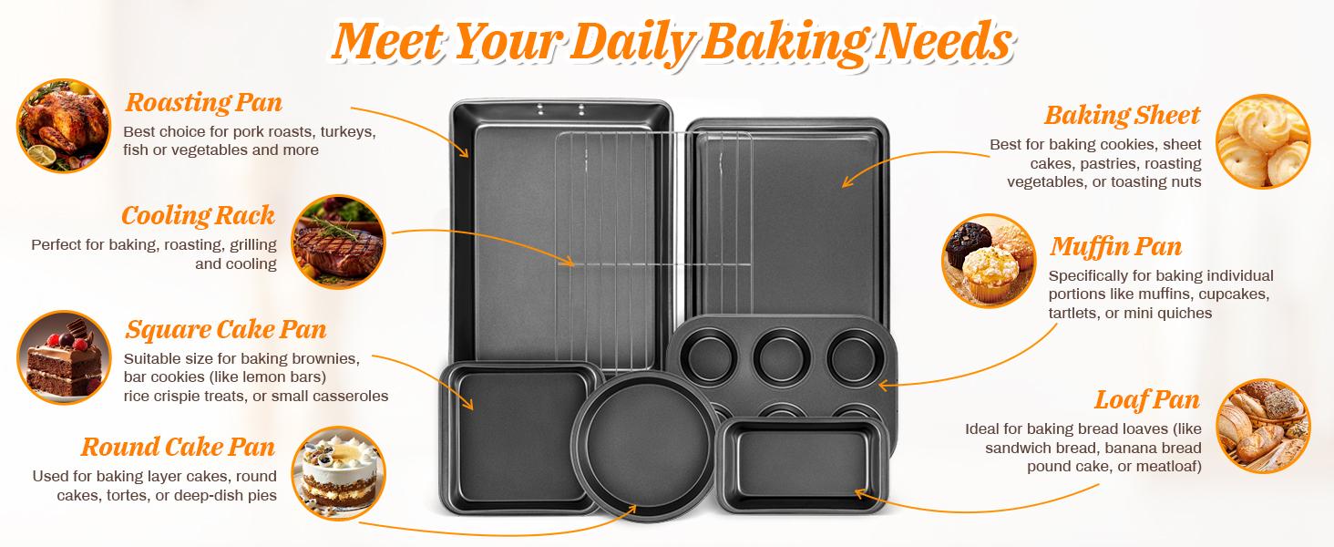 12PCS Nonstick Bakeware Set, Non-Toxic Carbon Steel Baking Pans Set with Wider Grip, Includes Roasting Pan, Cookie Sheet, Cake Pans, Muffin Pans, Cooling Rack, Oven Mitts, Easy Release