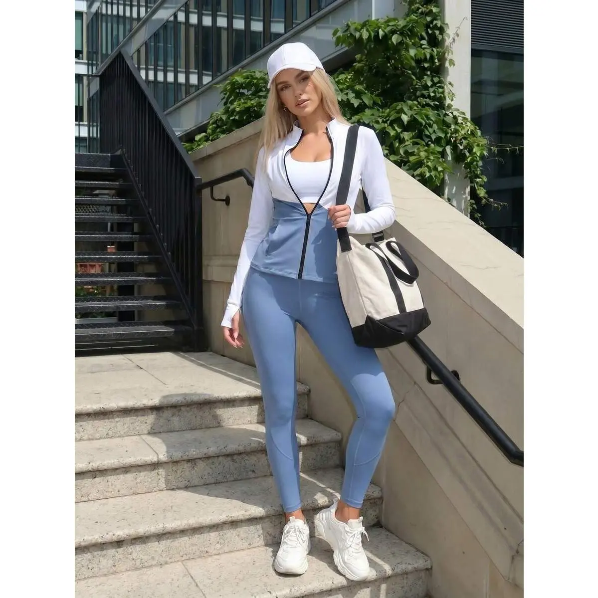 2pcs Breathable Colorblock Fitness Yoga Suit Tracksuit Gym Set Mock Neck Jacket & Leggings Workout Women Set Women's Gym Sportswear Workout Sets Running Sets Blue And White,Seamless,Bra,Backless,Halter,Crop,Scrunch,Butt,stylish,acti,Insulated,mf,athletic,