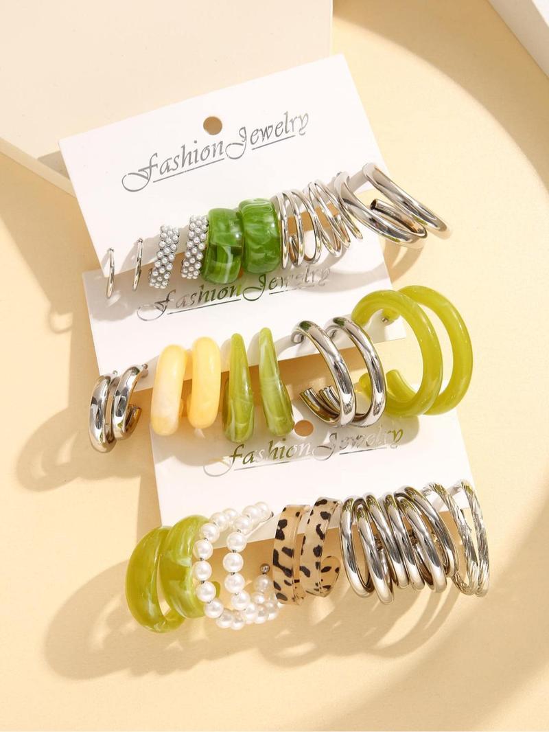 Faux Pearl Decorated Hoop Earrings, 15 Pairs Elegant Colorblock Design Fashionable Hoop Earrings, Fashion Accessories For Women