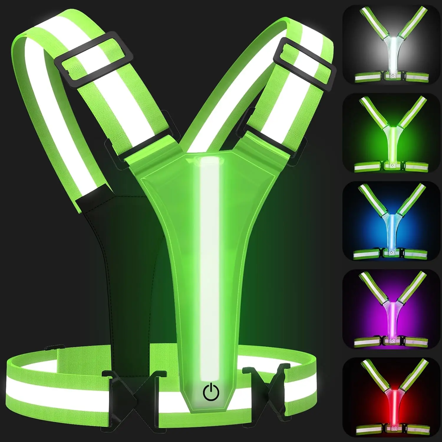 Unisex Rechargeable LED Reflective Vest with Reflective Strips, 5-Color Front/Rear LEDs, 360 Degree Night Visibility, Adjustable Size for Running, Cycling
