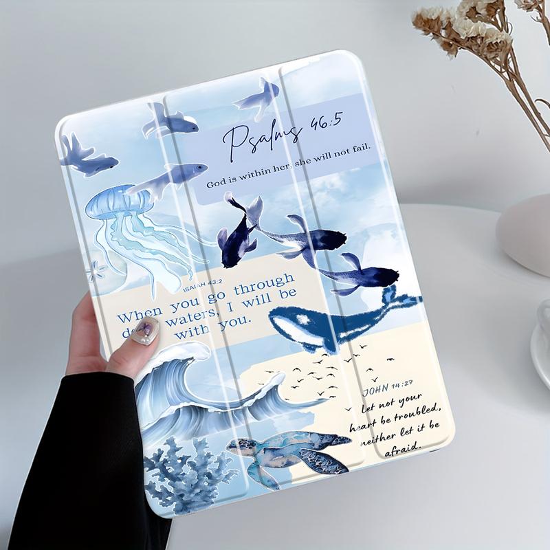 Psalm 46:5, 43:2, John 14:27 (Bible verses)  Marine life design, with adjustable stand and pen slot, foldable anti-slip TPU protective case, suitable for Samsung, iPad mini, iPad Air, iPad Pro/iPad 10th generation, 11th generation, and other iPad series