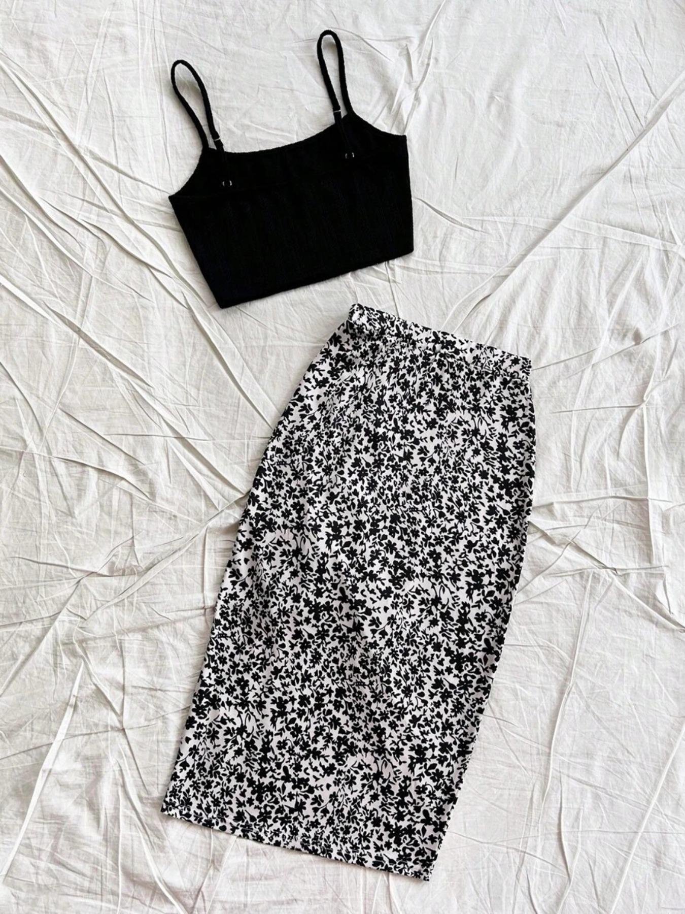 Women's Solid Color Crop Cami Top & All Over Heart Print Skirt Two-piece Set, Boho Sleeveless Spaghetti Strap Top & Skirt, Casual Summer Clothes for Ladies, Womenswear, Bohemian Casual Outfits Women Matching Sets