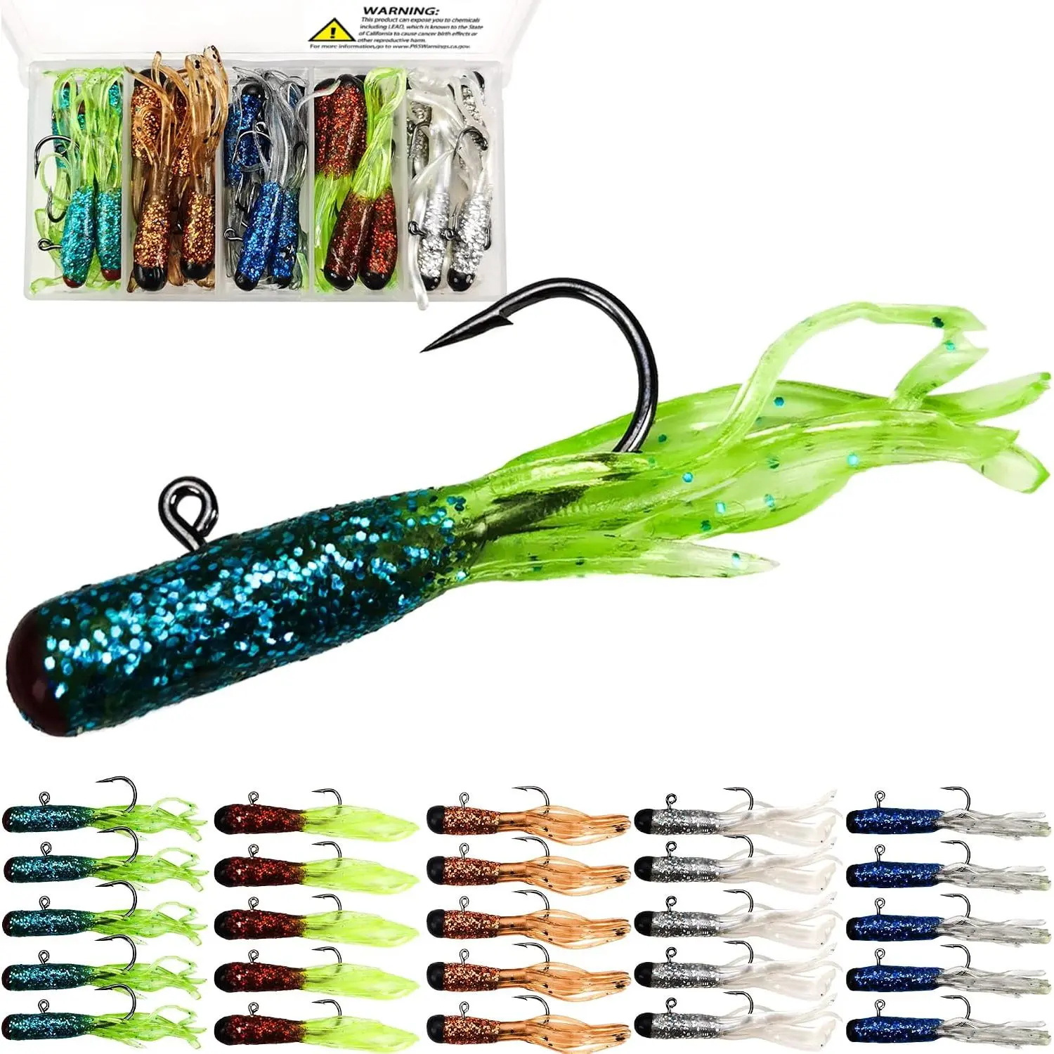 Crappie Lures Tube Lures Jigs Heads Worms Swimbaits Kit, 165, 124, 50 count Pre-Rigged Crappie Jigs Tube Hooks Soft Plastic Grub Worms Baits for Bass Trout Freshwater Saltwater Fishing