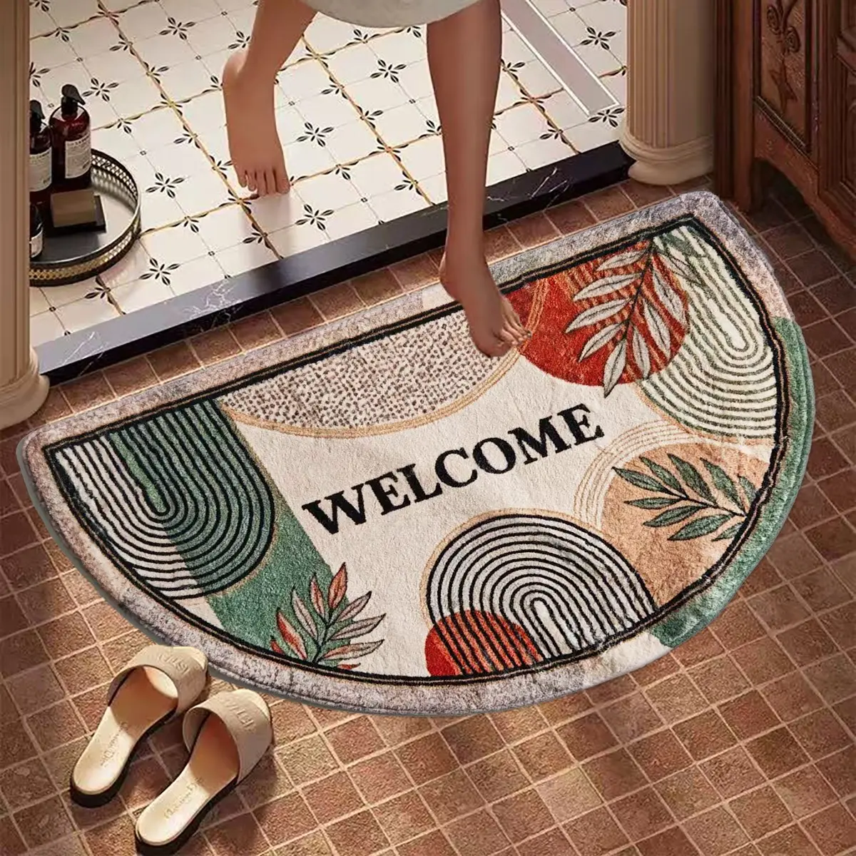 1pc Minimalist Boho Patchwork Color Block WELCOME Half Round Door Mat, Soft Skin-Friendly Entryway Rug, Entrance Mat, Boho Style Rug for Porch Bathroom, Easy-Clean Non-Slip, Ethnic Welcome Floor Decor Gift