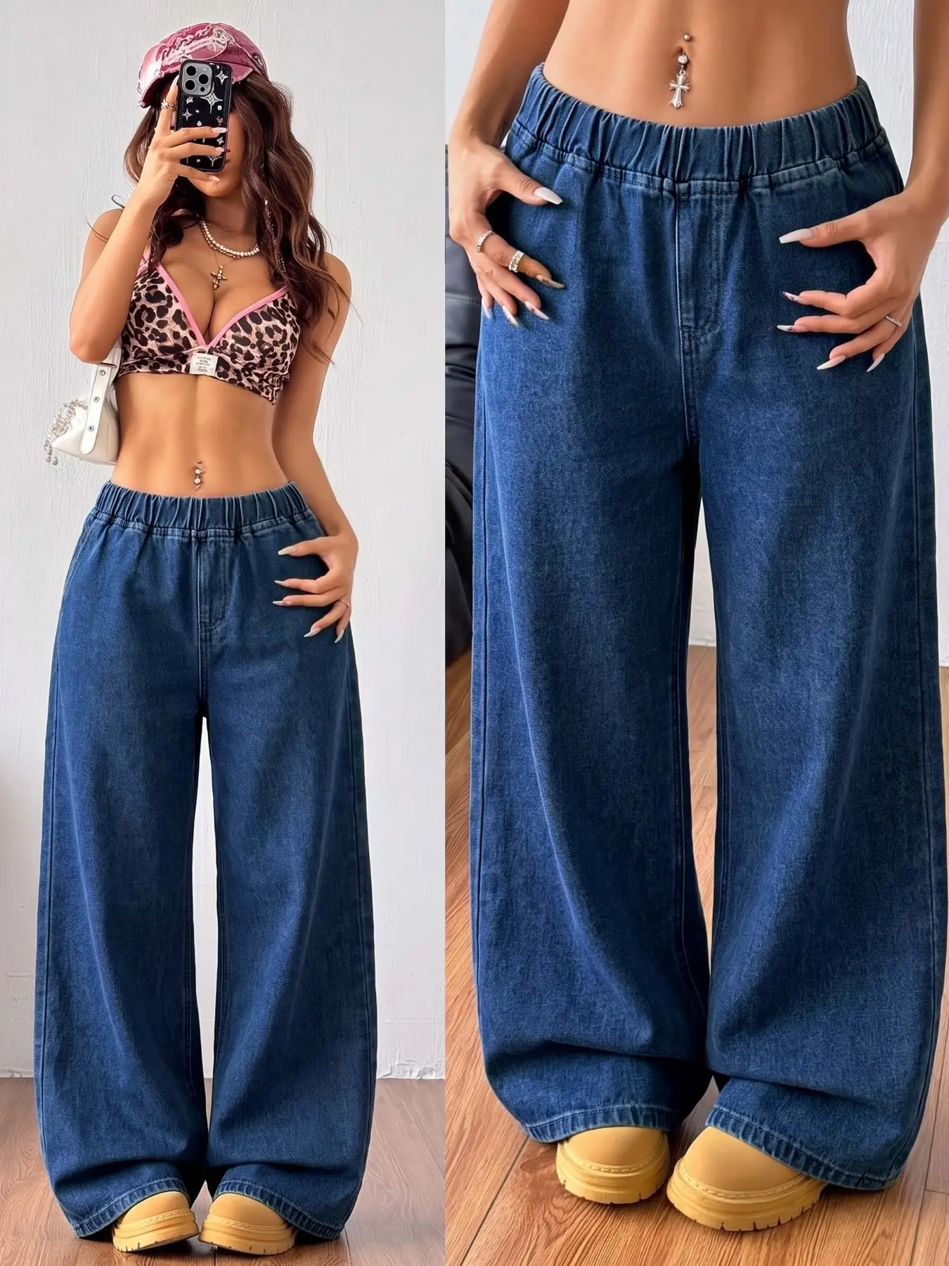 Women's Deep Blue Woven Lightweight Denim Jeans, Loose High Waist Wide Leg Casual Style, Comfortable Daily Wear, All Seasons Pants