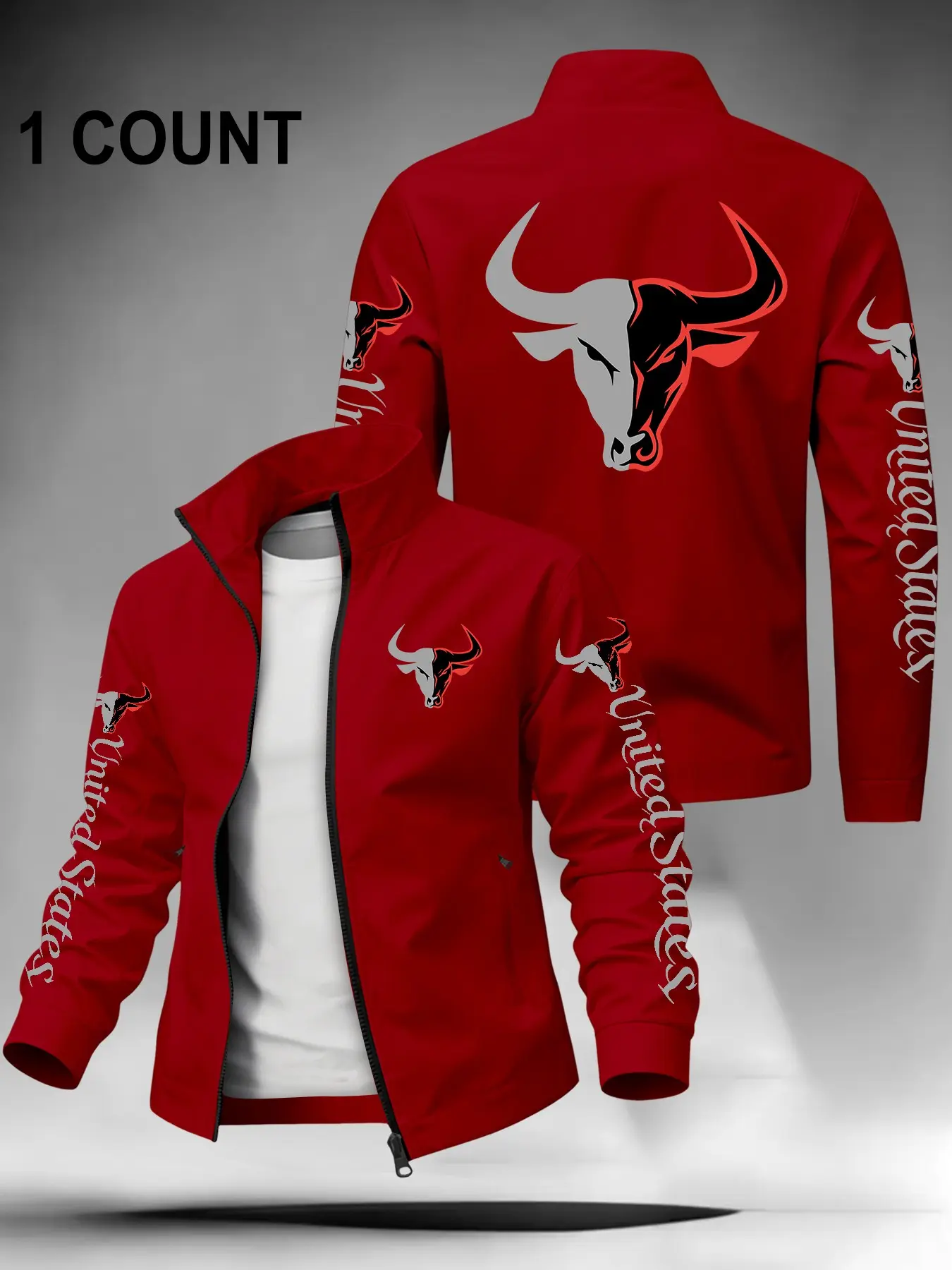 Men Stand Collar Full Zip Jacket, Bull Head United States Letter Graphic Print, Lightweight Casual Windbreaker Outerwear, Tough Street Style, Perfect For Daily Outdoor Riding Commute Travel Party Streetwear For Male