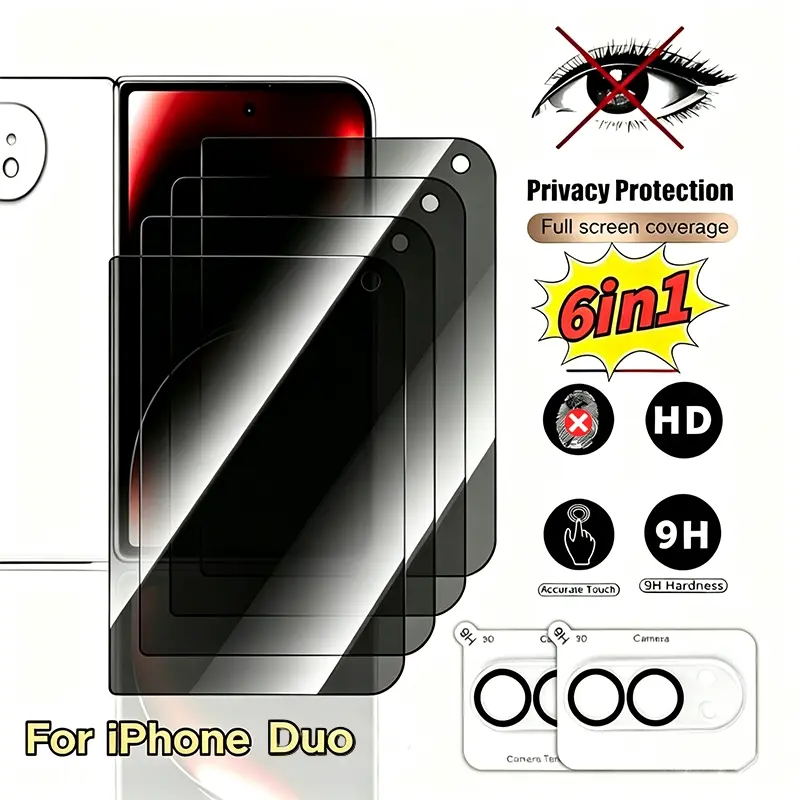 6‑in‑1 Set Privacy Screen Protector Kit for iPhone Duo, 4PCS Privacy Filter Outer Screen Tempered Glass Film + 2PCS Camera Lens Protector, 9H Hardness Scratch Resistant Glass, Oleophobic Coating Touch Sensitive Bubble Free