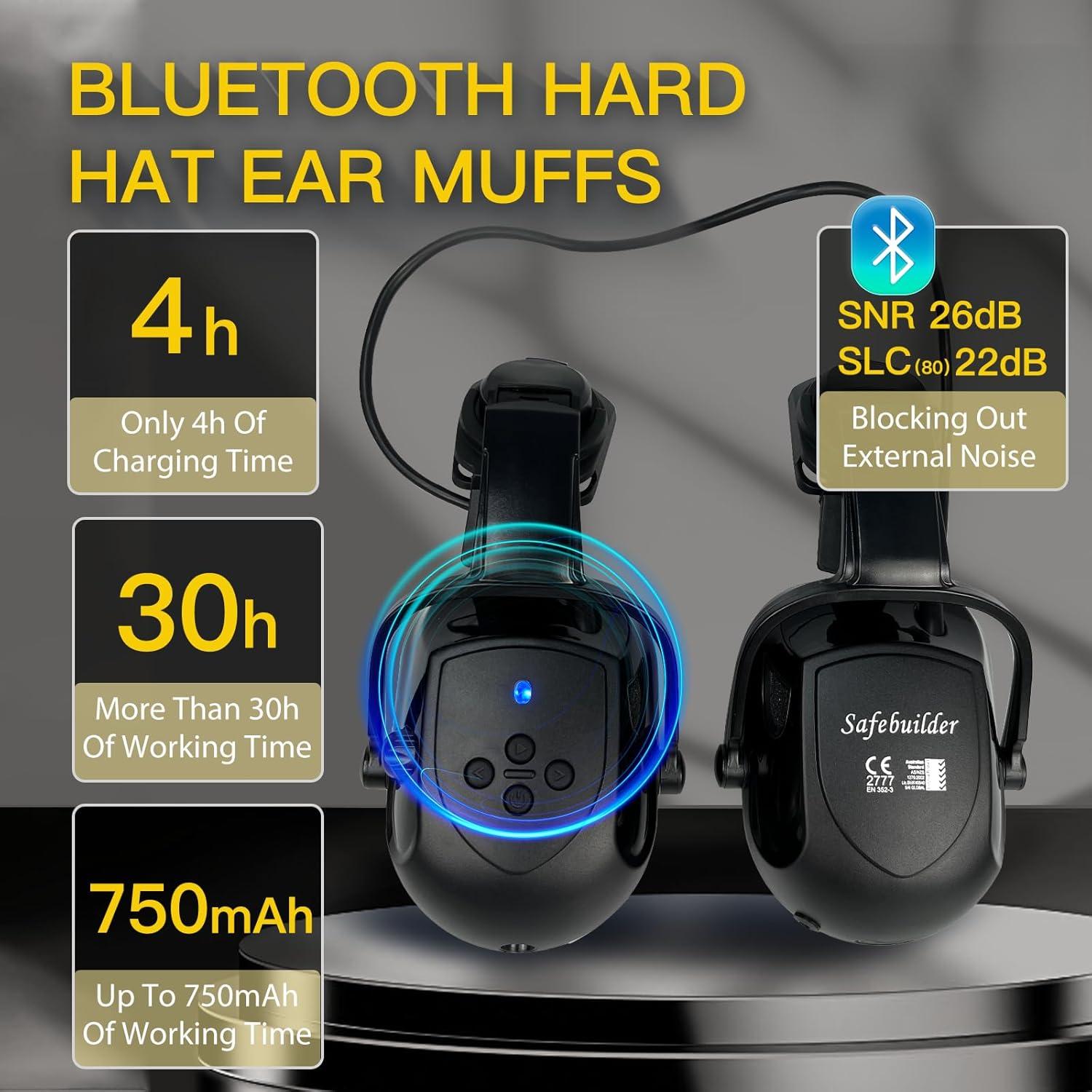 Vented Hard Hat with Visor and Bluetooth Ear Muffs, SNR 26dB Hearing Protection, Adjustable Suspension, Construction Safety Head Gear