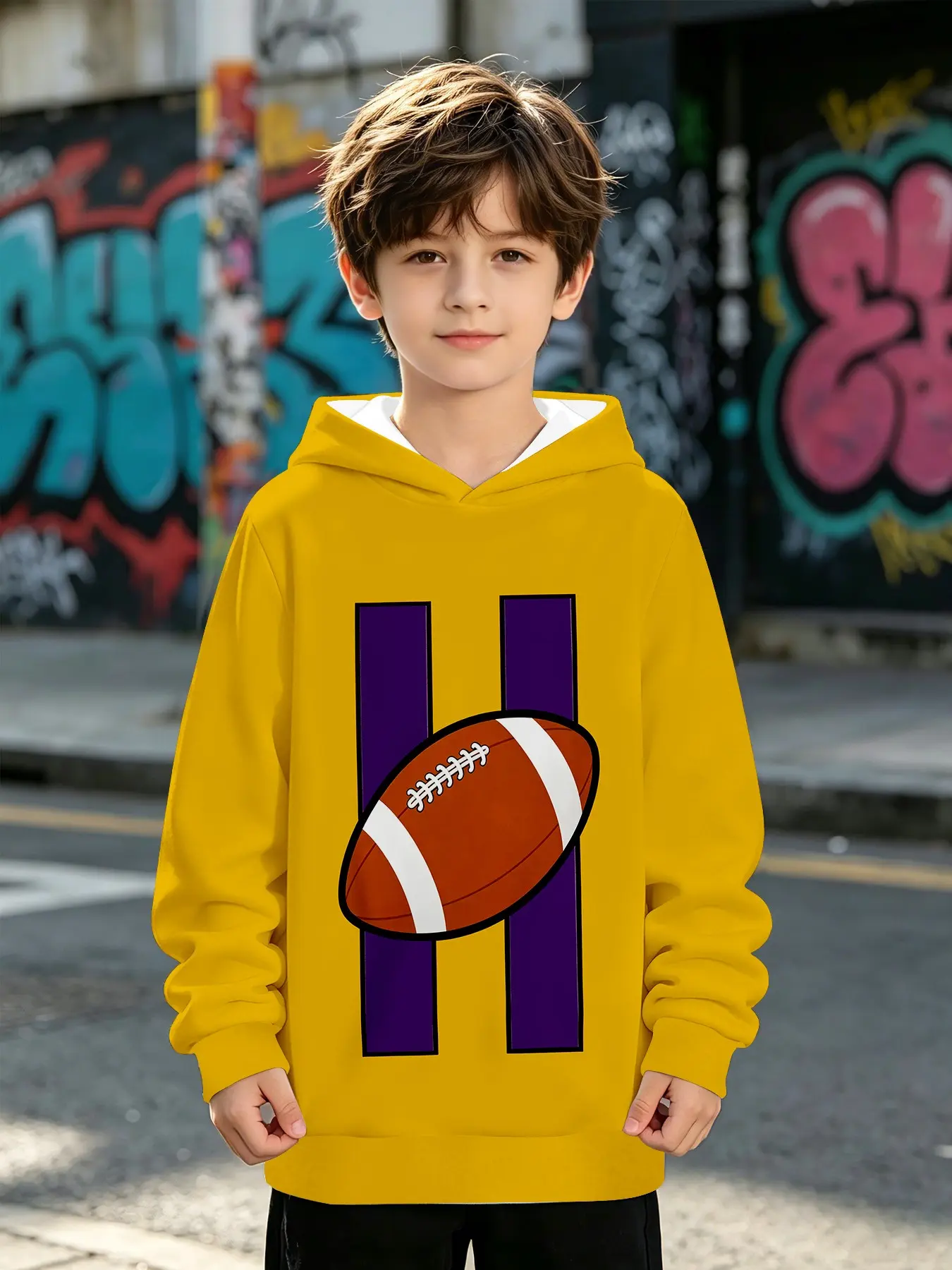 Letter H Football Boys' Hooded Sweatshirt, Casual Fitted Jumper, All over Print, Fall & Winter Wear, Comfortable Kids Clothing