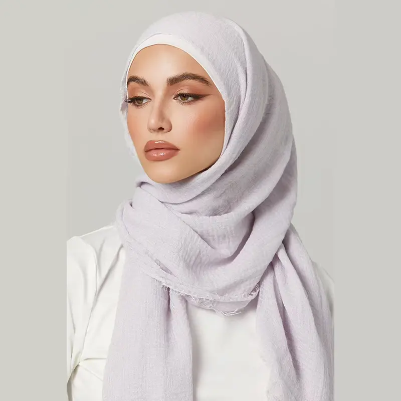 Solid Crinkle Scarf Head Wrap With Fringe Detail, Casual Soft Comfortable Shawl, Thin All-Season Wear Versatile Fashion Scarf For Daily And Beach Matching sohochic
