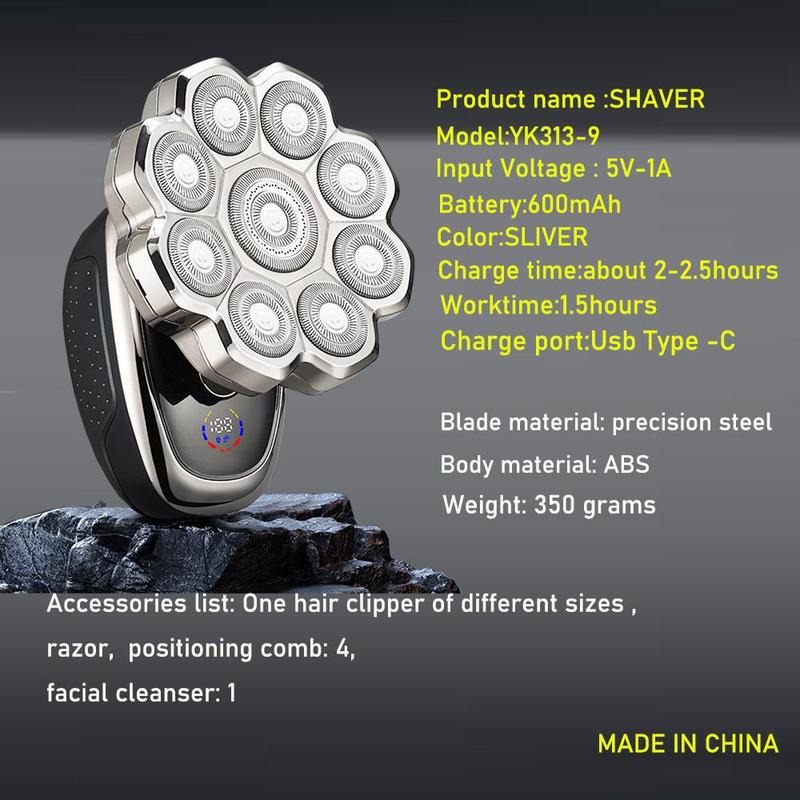 5 in 1 Electric Hair Trimmer Kit, 1 Set Waterproof Wet/Dry Grooming Shavers, Multifunctional Hair Shaver, Cordless Rechargeable Bald Head Rotary Razor for Home & Travel