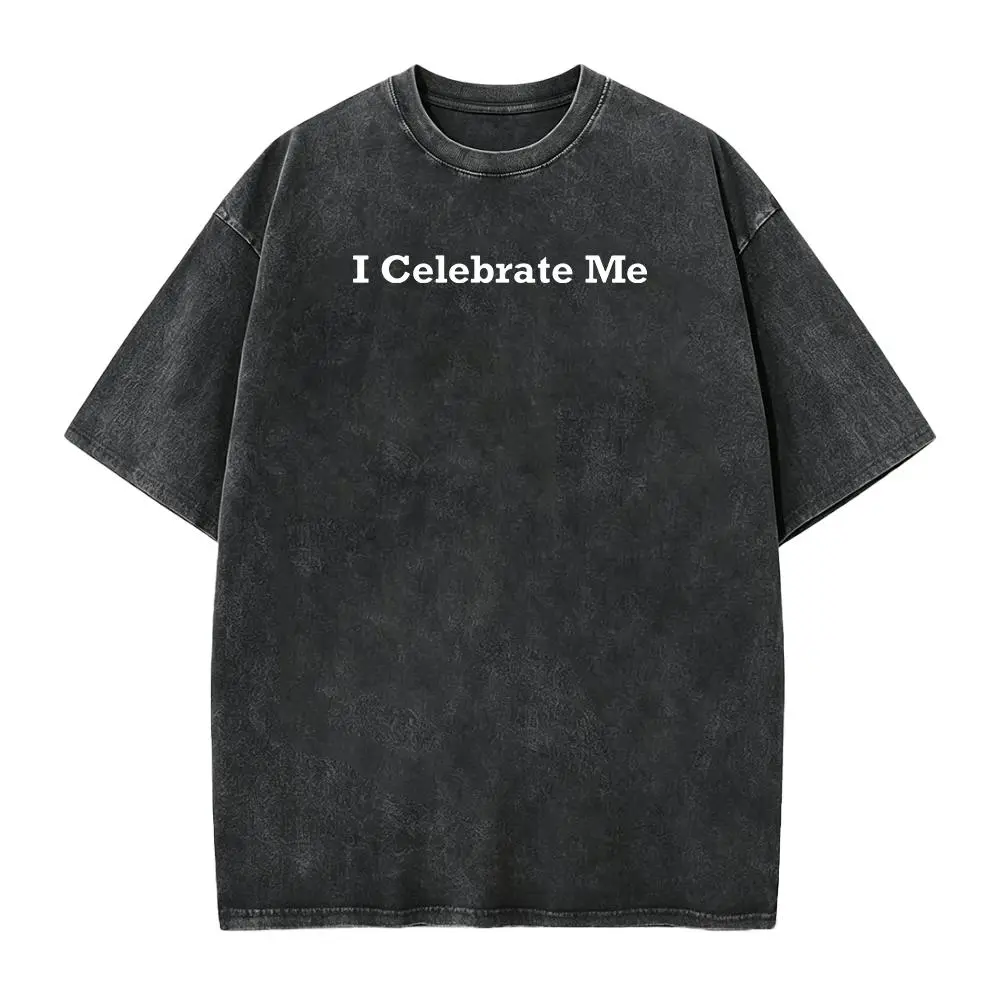 Men's Solid Knit Seamless Loose Short-Sleeve Graphic Tee - Black "I Celebrate Me" Self-Love Casual Top