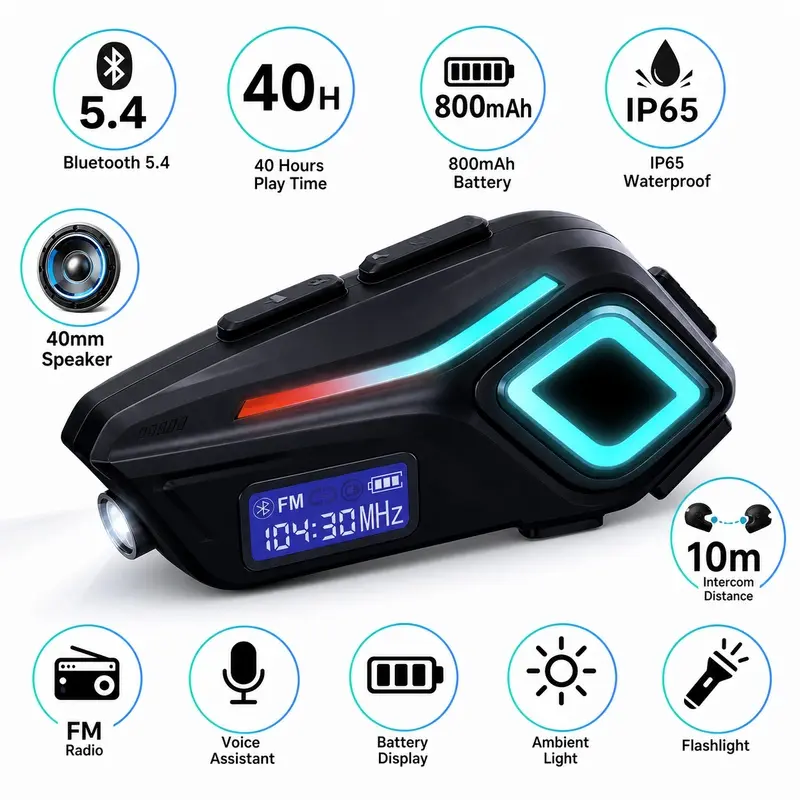 Bluetooth 5.4 Motorcycle Helmet Earphones, Wireless Riding Speaker with Up to 40H Talk Time, FM Radio and Ambient Light