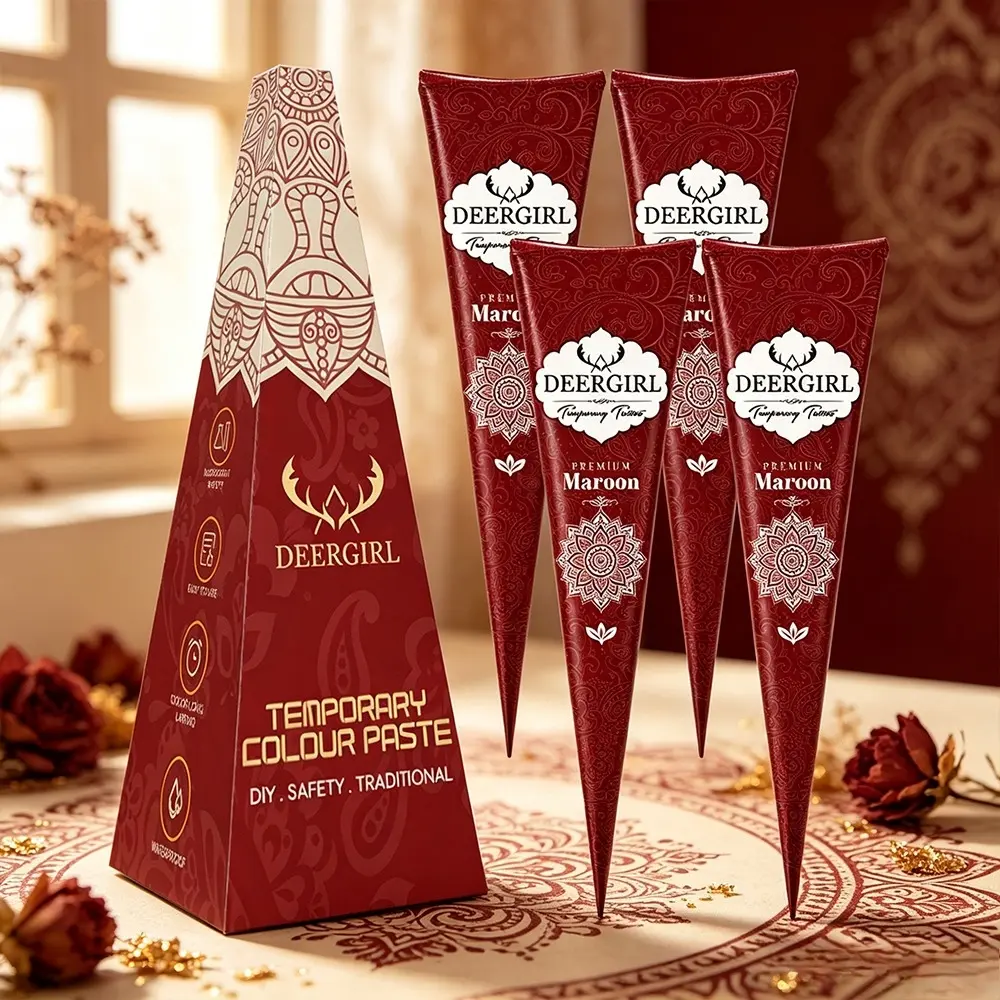 4 natural plant henna tattoo cones with multi-tone creative paste, irritation-free for arms, ankles and nails. Water & wear resistant DIY body art set, DIY Tattoos for holiday celebrations, pool vacations and friend gatherings.