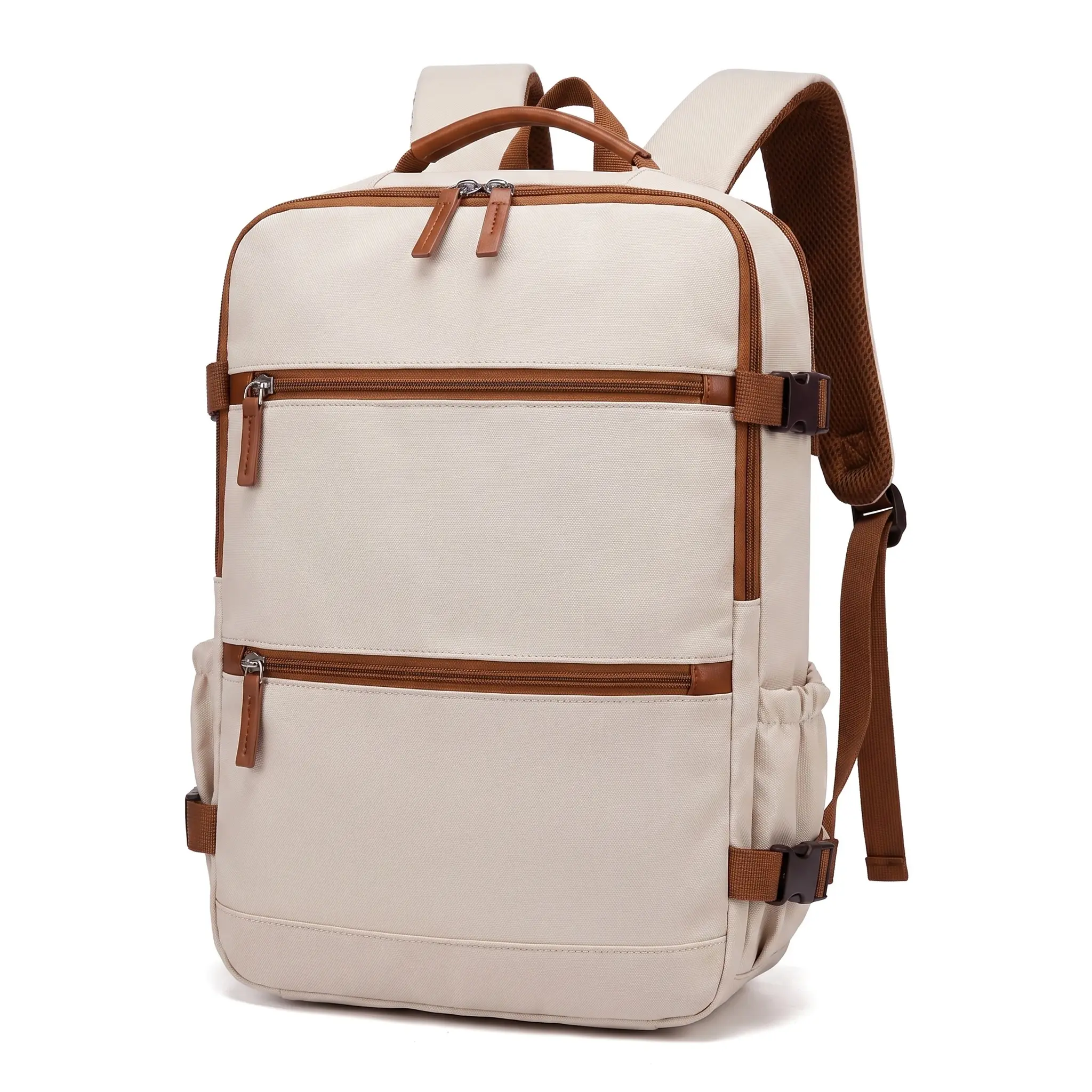 Unisex Expandable Streamlined Solid Commuter Backpack - 15in Laptop Daypack, 36-55L Large Capacity, Breathable Oxford Fabric, Top Grain Leather Trim, Curved Shoulder Straps, Contrast Stitch, Zipper, Aesthetic Tech Backpack for Work