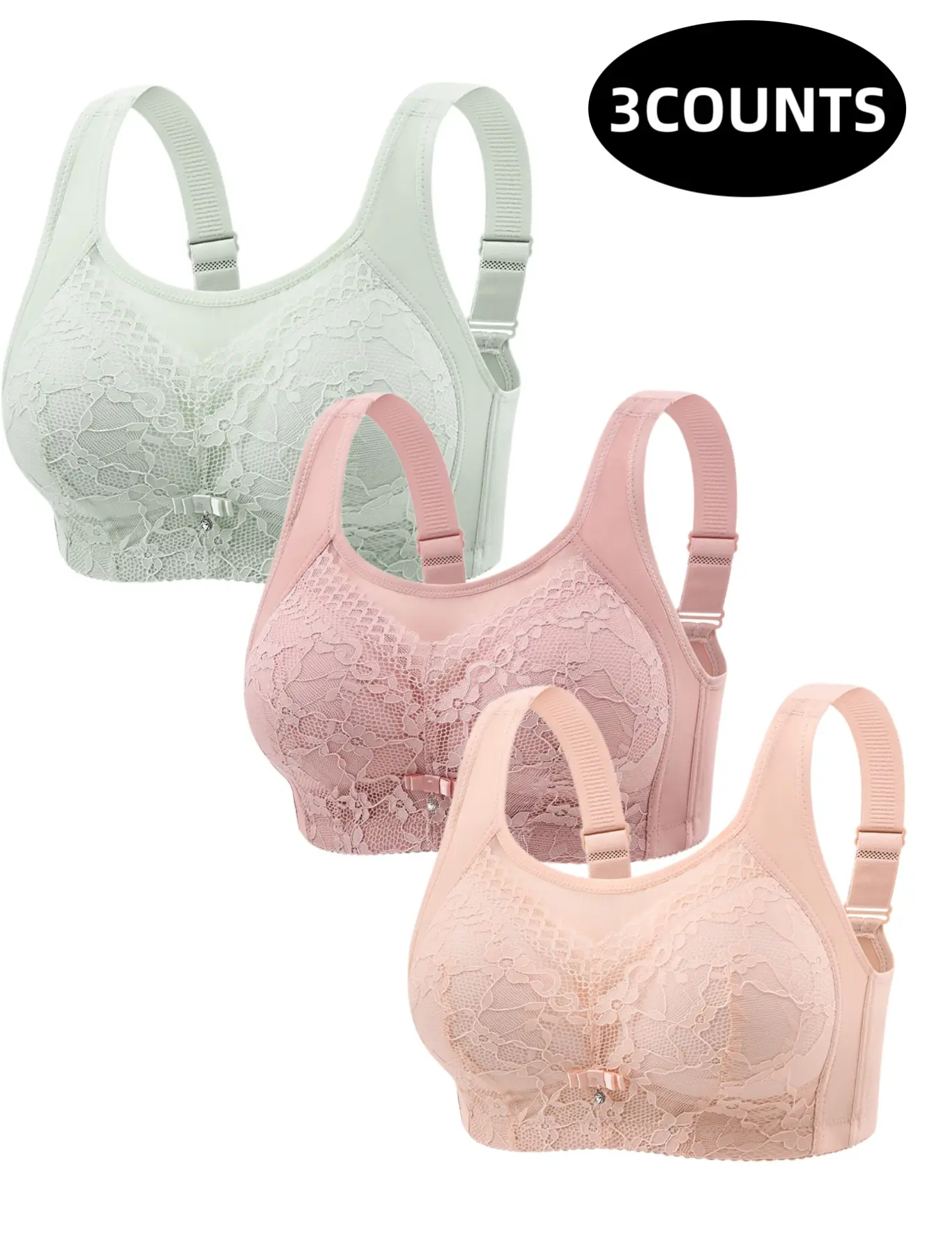 3-Pack Wireless Lace Push-Up Bras, Seamless Comfort Fit, Daily Wear Underwear, Breathable Soft Fabric, Full Coverage All-Day Support