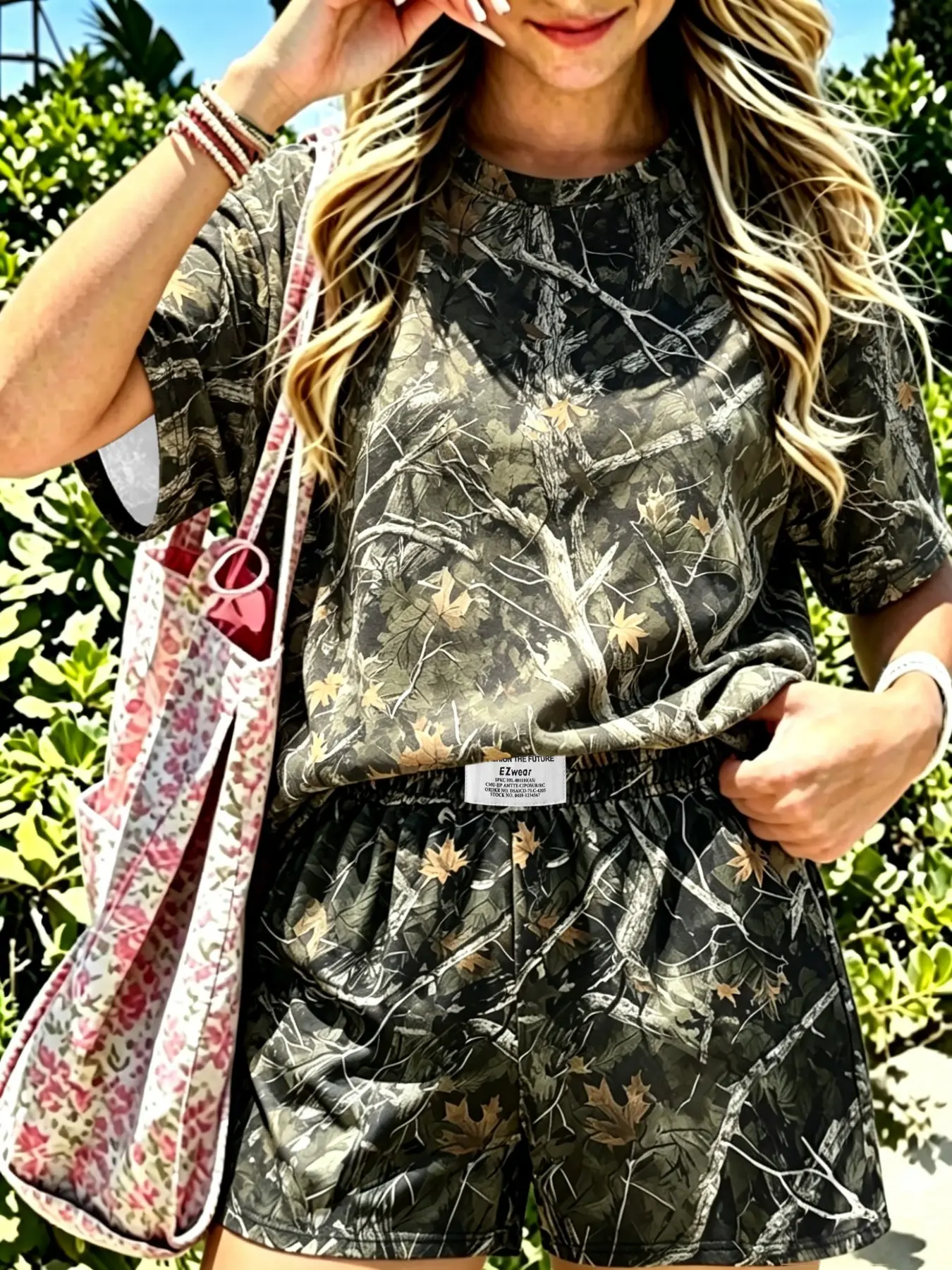 Women's Comfortable Camo Print Loose Short Sleeve T-Shirt & Elastic Waist Shorts Set, Versatile Two-Piece Casual Set for All Seasons