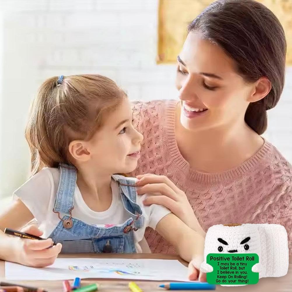 Super cute hand knitted positive toilet paper roll doll with inspirational vibes! Unique funny decor for bedroom, office and desk, a creative gag gift for women, men and friends. Small and amusing, it lifts mood instantly with its cheerful positive energy