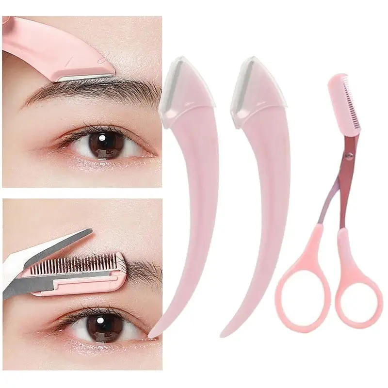 3pcs Eyebrow Trimmer Set, Curved Eyebrow Razor, Eyebrow Scissors with Comb, Stainless Steel, Easy Grooming Beauty Tools for Beginners