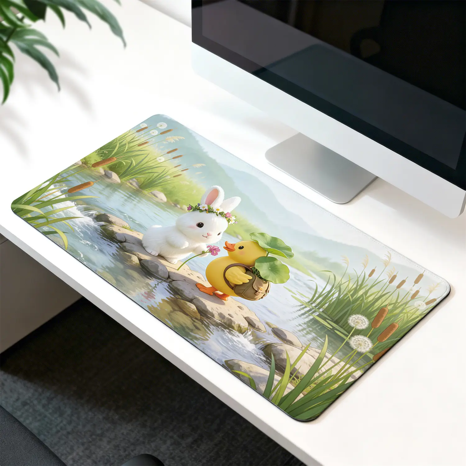 Premium White Rabbit And Yellow Duck Illustration High Quality Mouse PadModern Office Gaming Comfort ExperienceNonSlip Durable For Daily Work And Play 40*80cm 40*90cm30*70cm