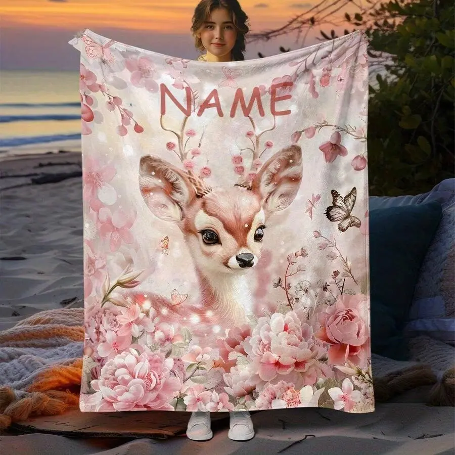Customized Wrinkle-Resistant Breathable Flannel Throw Blanket - Modern Deer Floral, Watercolor Peach Blossom Butterfly Design, Personalized Name, Multi-Size, Flannel Softness, Nap & Lounge, Toddler Gift, Cute Nursery Decor