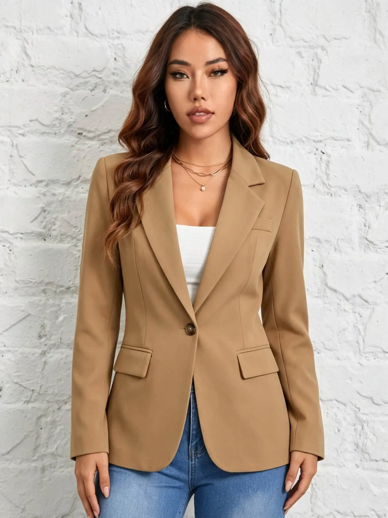 A stylish solid-color high-end women's casual blazer, a loose-fitting slim-fit professional suit jacket suitable for all seasons, ideal for daily commuting, business meetings, and short trips