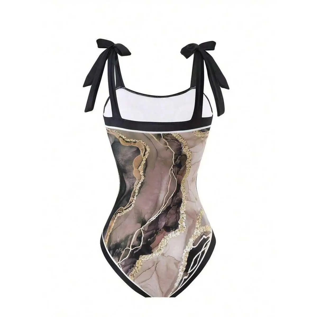 Black & Purple Marble Print Tie Strap One-Piece Swimsuit With Matching Sarong Cover Up