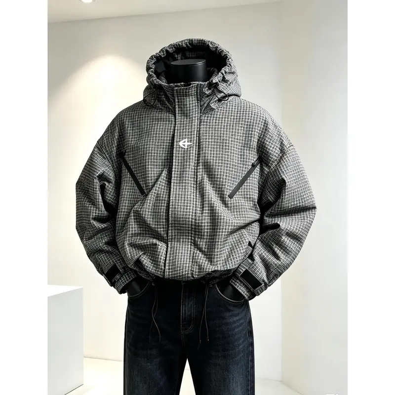 Men‘s Oversized Boxy Plaid Techwear Windbreaker, Adjustable Hood Drawstring Hem Utility Hooded Jacket, Streetwear Retro Grid Functional Outerwear Coats Menswear Tops