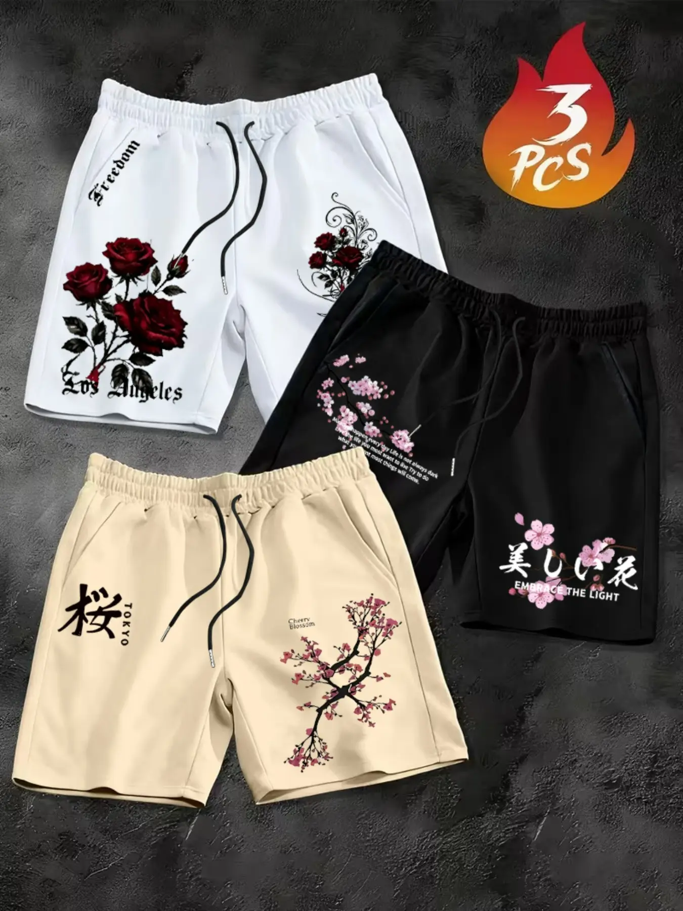 3-Pack Men's Summer Casual Loose Fit Shorts, Breathable Printed Shorts, Cherry & Rose Pattern, Ideal for Sports, Fitness, Daily Wear, Trendy Breathable Five-Pocket Pants