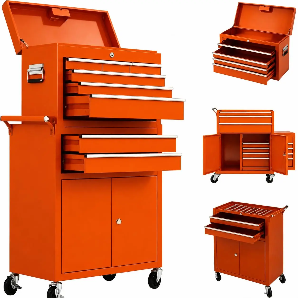 Garvee 8-Drawer Rolling Tool Chest, 2-in-1 High Capacity Tool Storage with Detachable Top Cabinet, Locking System, Wheels and Liners for Garage, Workshop, Orange