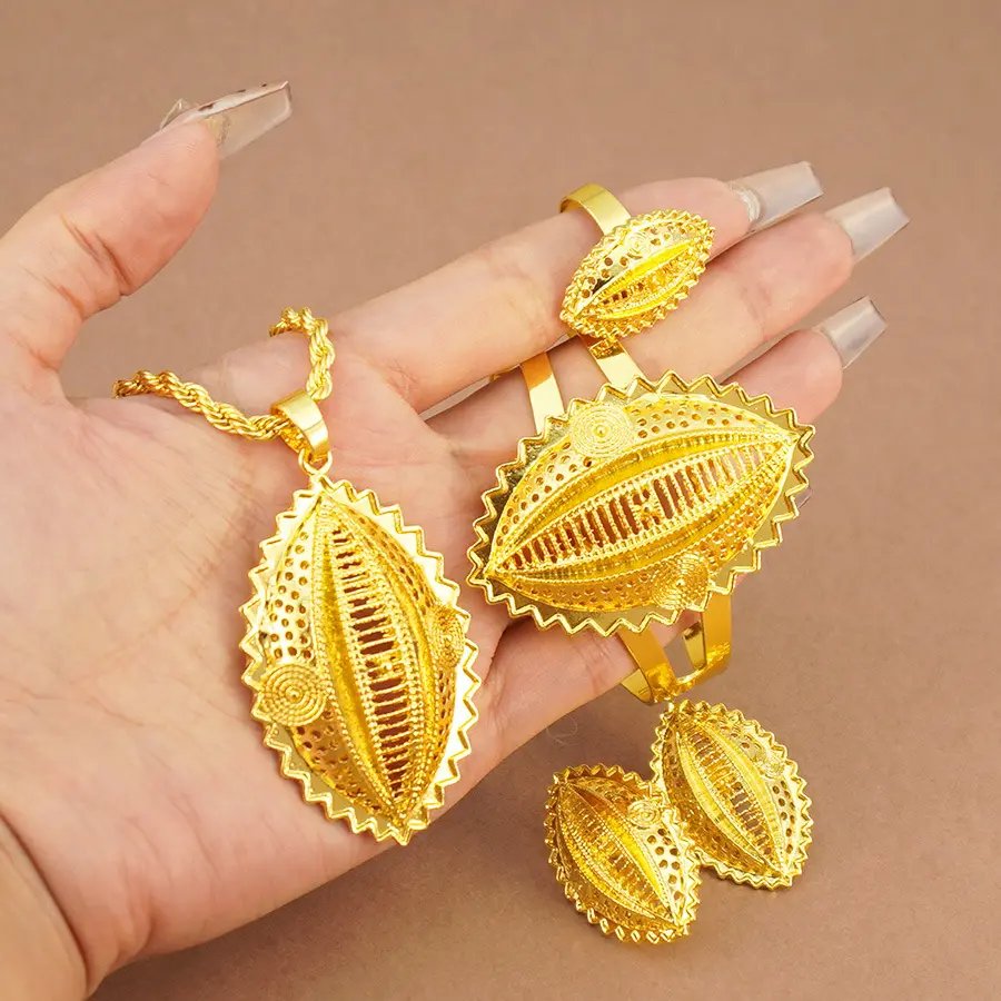 Women's 18K Gold Plated 4Pcs Cowrie Shell Jewelry Set - Long Twisted Rope Pendant Necklace, Drop Earrings, Open Cuff Bangle, Adjustable Ring - African Tribal Traditional Wedding Bridal Ethnic Costume Accessories