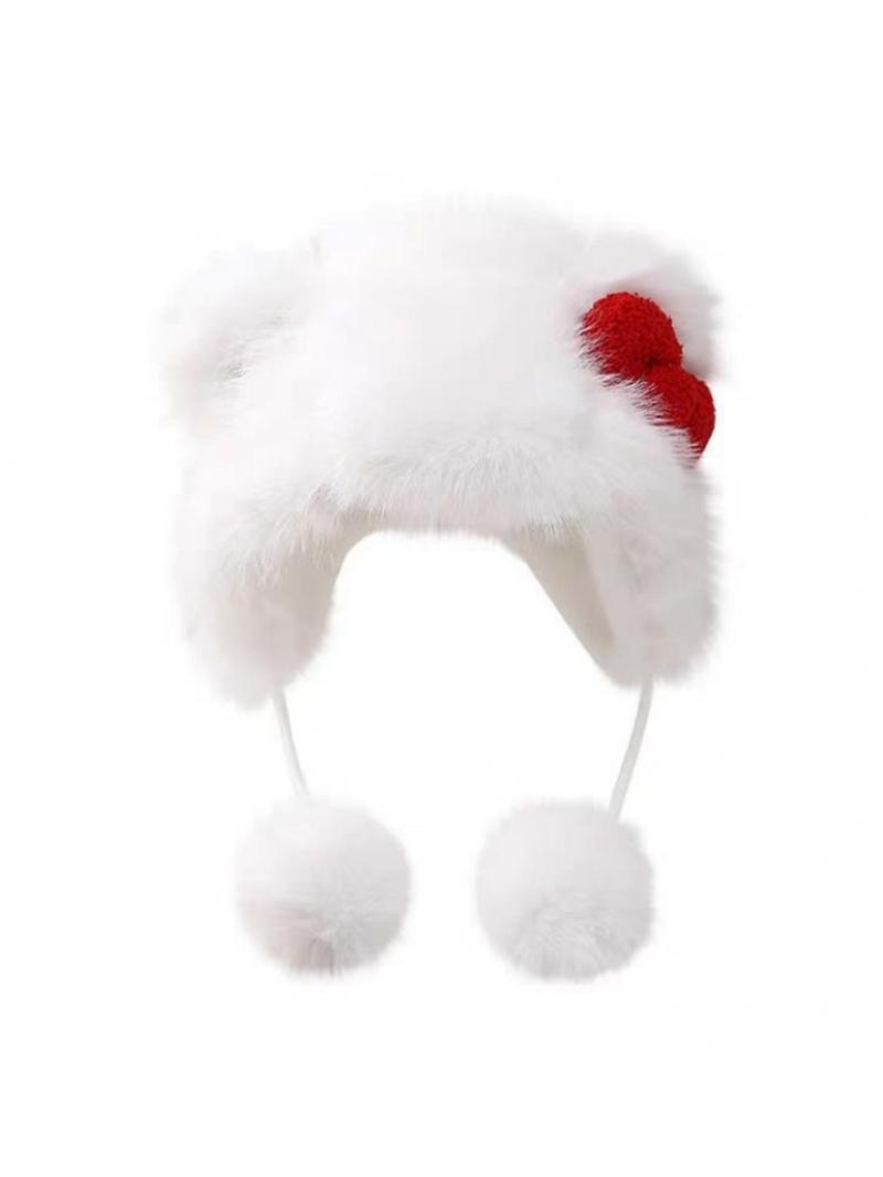Cute Cat Ear Design Pom Pom Decor Plush Hat, Cute Beanie Hat, New Style Bowknot Design Warm Hat for Fall & Winter, Fashion Accessories for Women & Girls