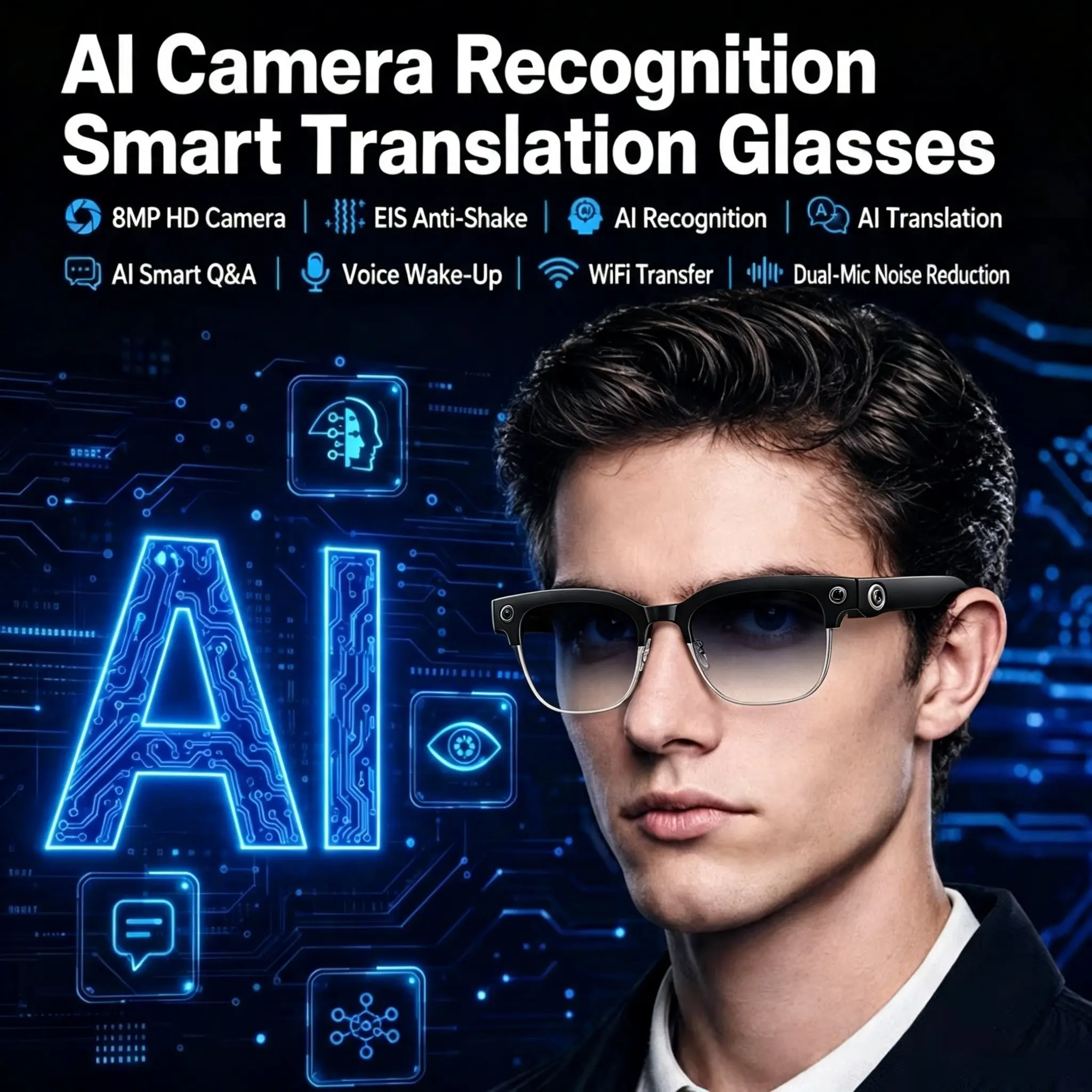 New AI Smart Glasses Various Language Translation 800W Pixel Camera Video Music Player Call Business Color Change Glasses Men