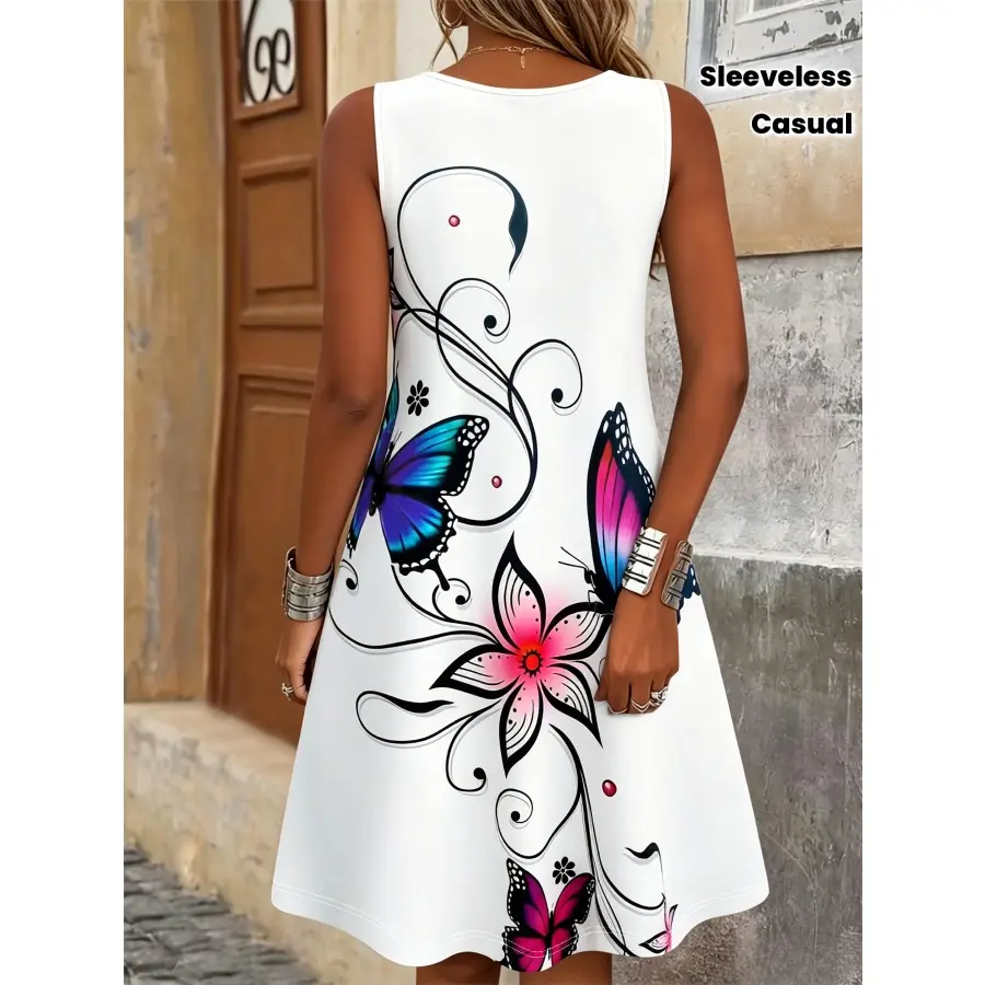 Digital Printed Ladies Dress - Ladies Sleeveless Butterfly Printed Dress - Casual Summer Beach Dress