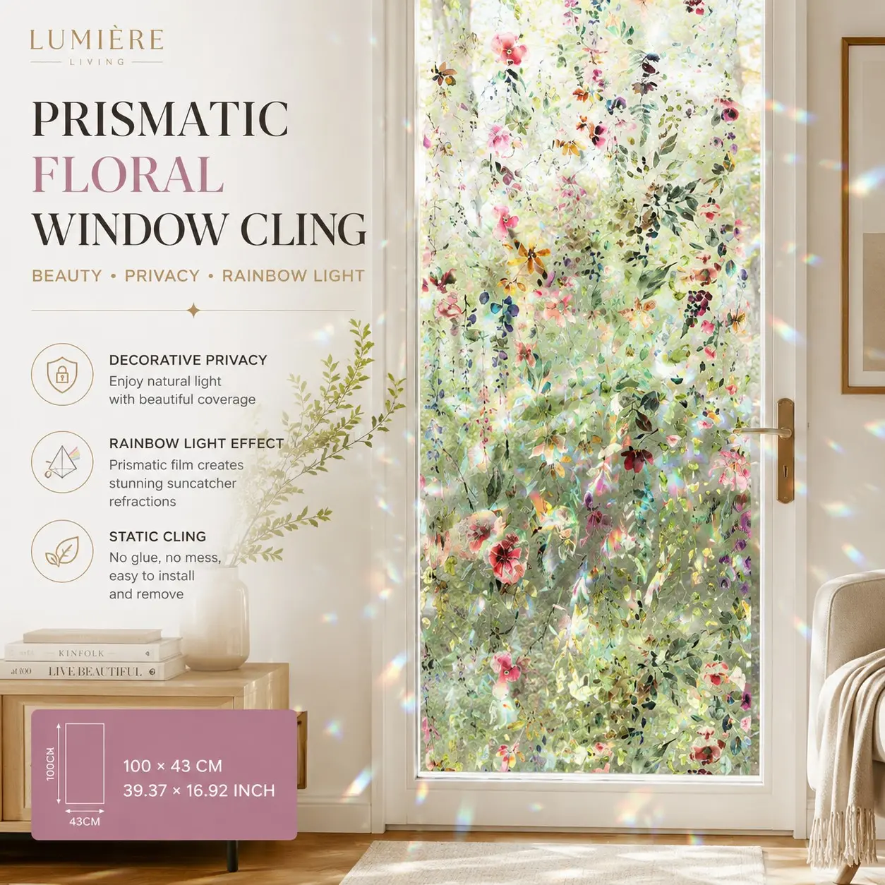 1 Pc Floral Static Cling Window Film – 3D Rainbow Prism Window Sticker, No-Glue Decorative Glass Film, Wildflower Window Decal, Removable Sun Catcher Film, Reusable Window Covering and Privacy Glass Sticker.