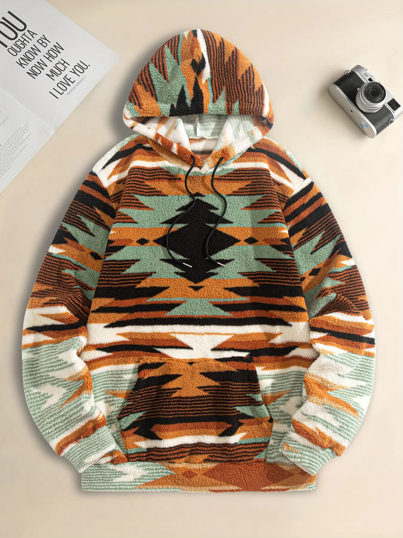 Men's Retro Aztec Navajo Tribal Print Fleece Hoodie, Fluffy Fuzzy Drawstring Sweatshirt, Long Sleeve Casual Streetwear, Winter Outdoor Pullover Top
