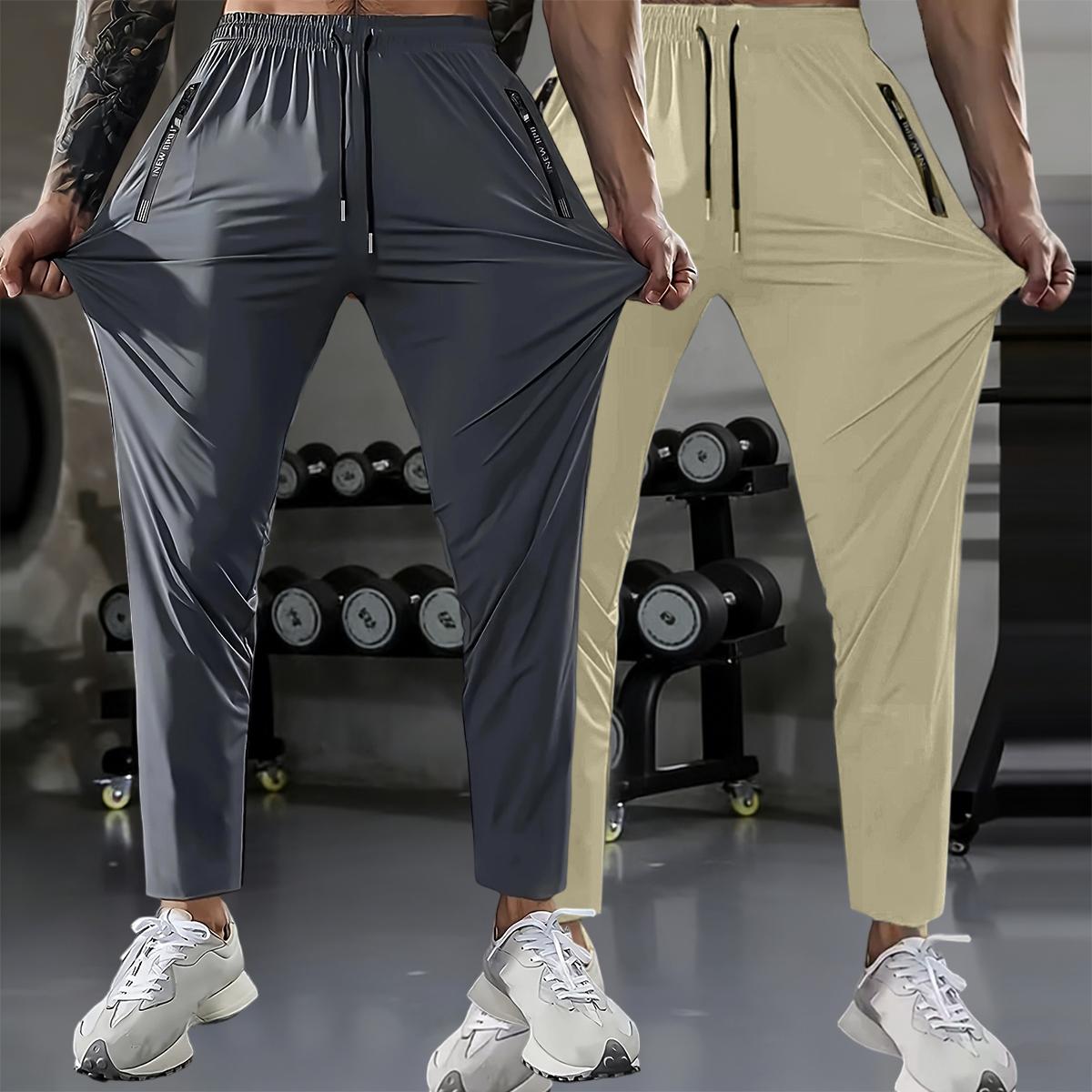 Men's summer quick-dry stretch ice silk long pants, lightweight and breathable sports ice silk long pants, with zipper printed pockets, elastic waistband with drawstring casual pants, suitable for gym workouts, fitness, and hiking