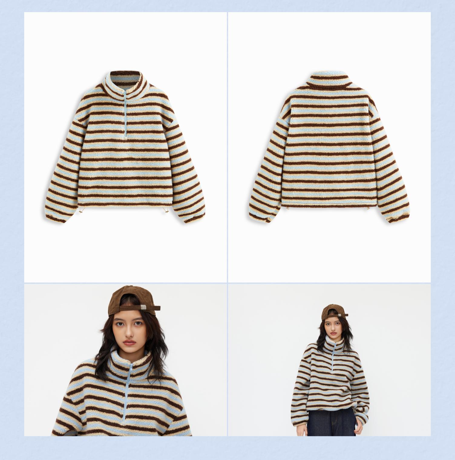 Cider Fleece Stripe Stand Collar Drawstring Half Zip Oversized Sweatshirt SpringStatements