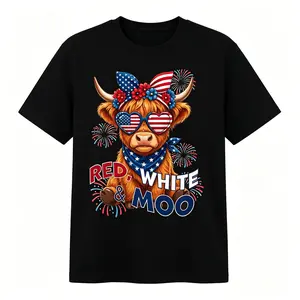 Red White & Moo Highland Cow T-Shirt, 4th of July Patriotic Graphic Tee, Cute American Flag Cow Shirt, Independence Day Fireworks Short Sleeve Top, Women's Summer Casual Crewneck