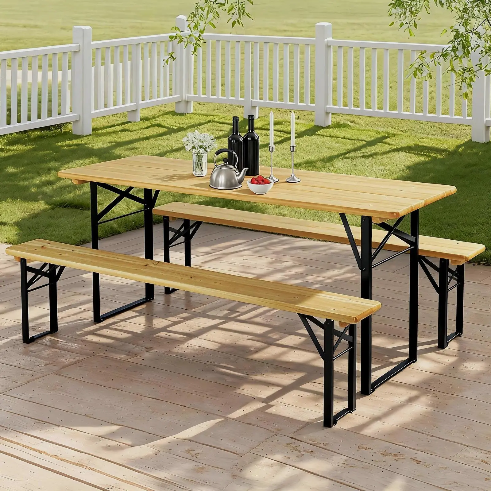 Outvita Picnic Combo 3PCS Set, 5.8FT Wood Table and Bench Set Summervibes