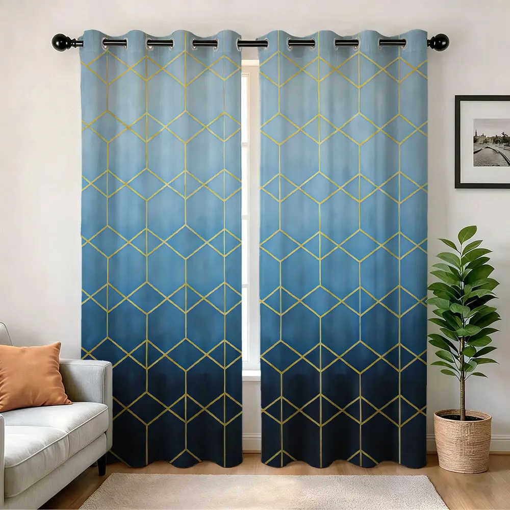 1 Pair Digital Print Semi-Blackout Pair Curtain,Simple blue background line print, Easy Install Repeatedly Washable Punch Hole Curtain, Clear Print, Home Decorative Curtain, Window Curtain, Home Hotel Holiday Decor Gift