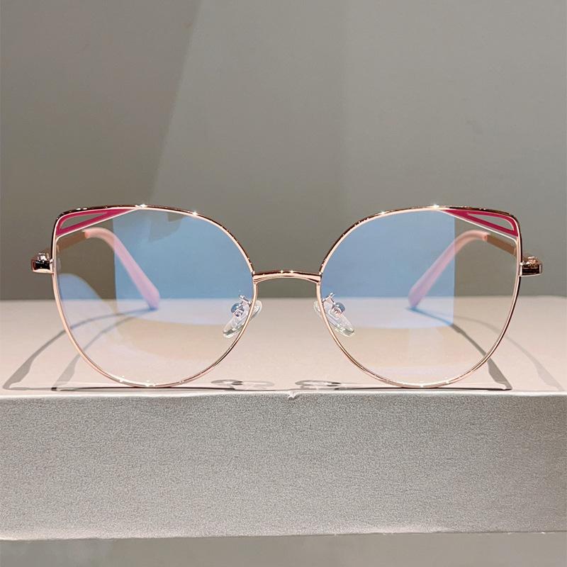 High quality cat eye hollow metal eyeglass frame fashion simple anti blue light glasses for women Computer goggles flat lens