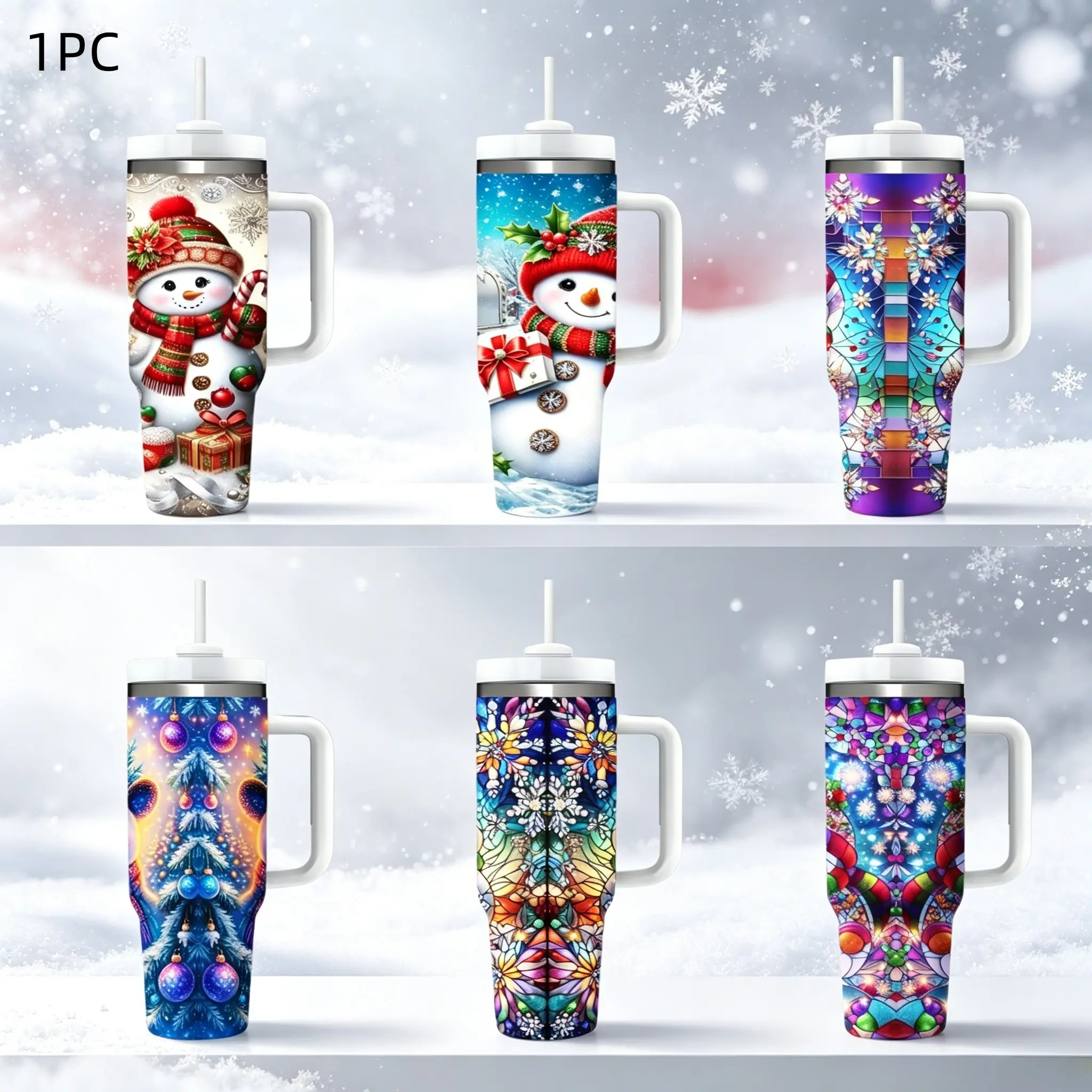 1pc 40oz Christmas Snowman, Stained‑Glass Winter Pattern Tumbler With Handle and Straw, Leak‑Proof Stainless‑Steel Insulated Water Cup, Hot & Cold Drinks Mug for Hiking, Camping, Workout, Office, Ideal Holiday Gift for Valentine’s Day, Halloween, Christma