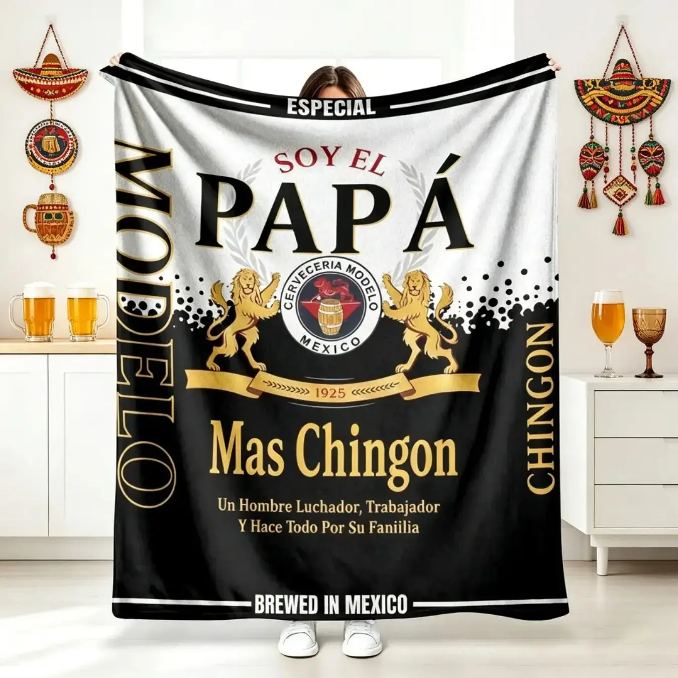 Funny Mexican Dad Flannel Blanket, "Soy El Papa Mas Chingon" Quote Throw Blanket, Ultra Soft Fleece Blanket, Modelo Style Beer Print, Father's Day Gift for Dad Men