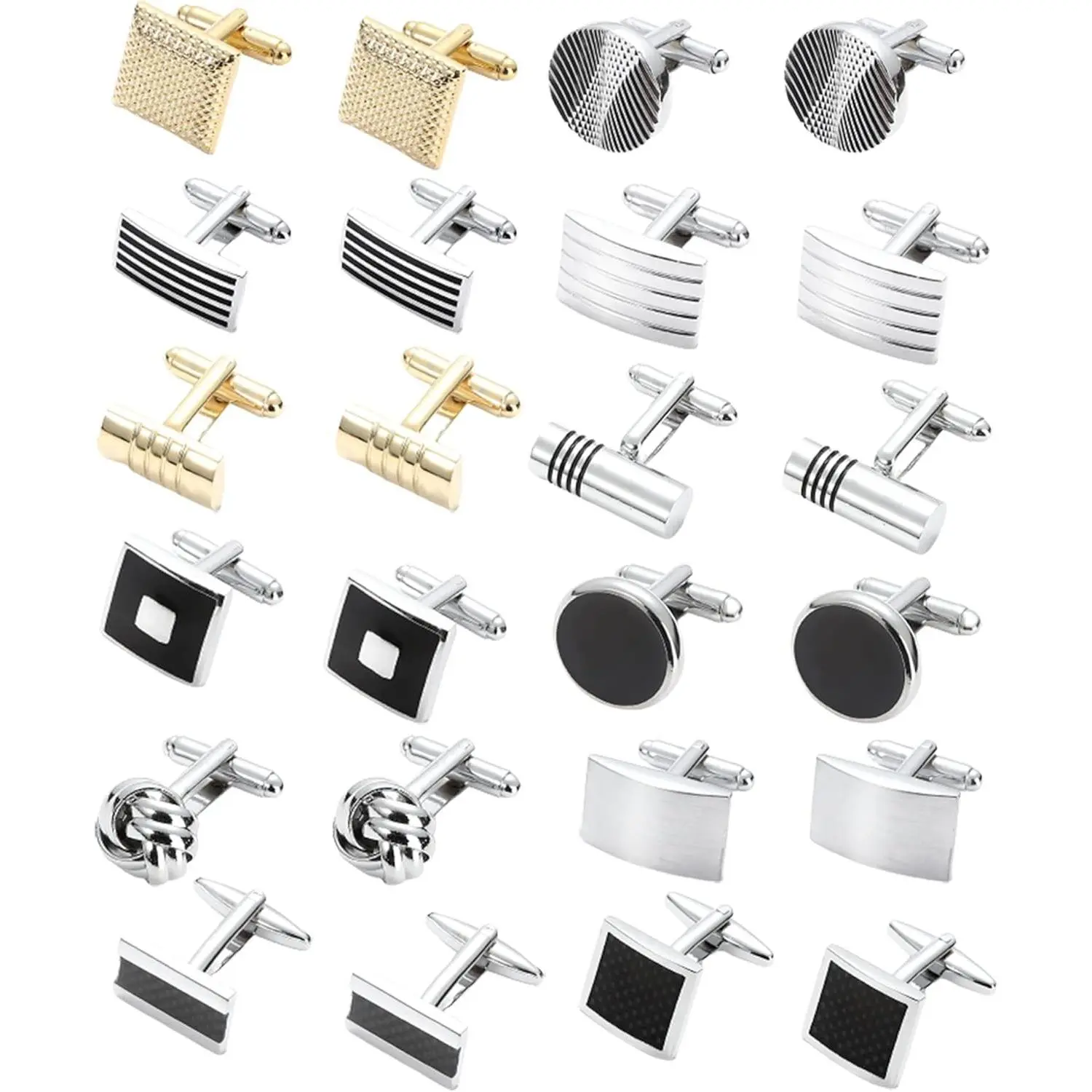 12 Pairs Classic Tone Cufflinks for Men | Silver Black Striped Disc Square Rectangle Cuff Links Shirt Suit Men’s Cufflinks For Wedding Groom Business
