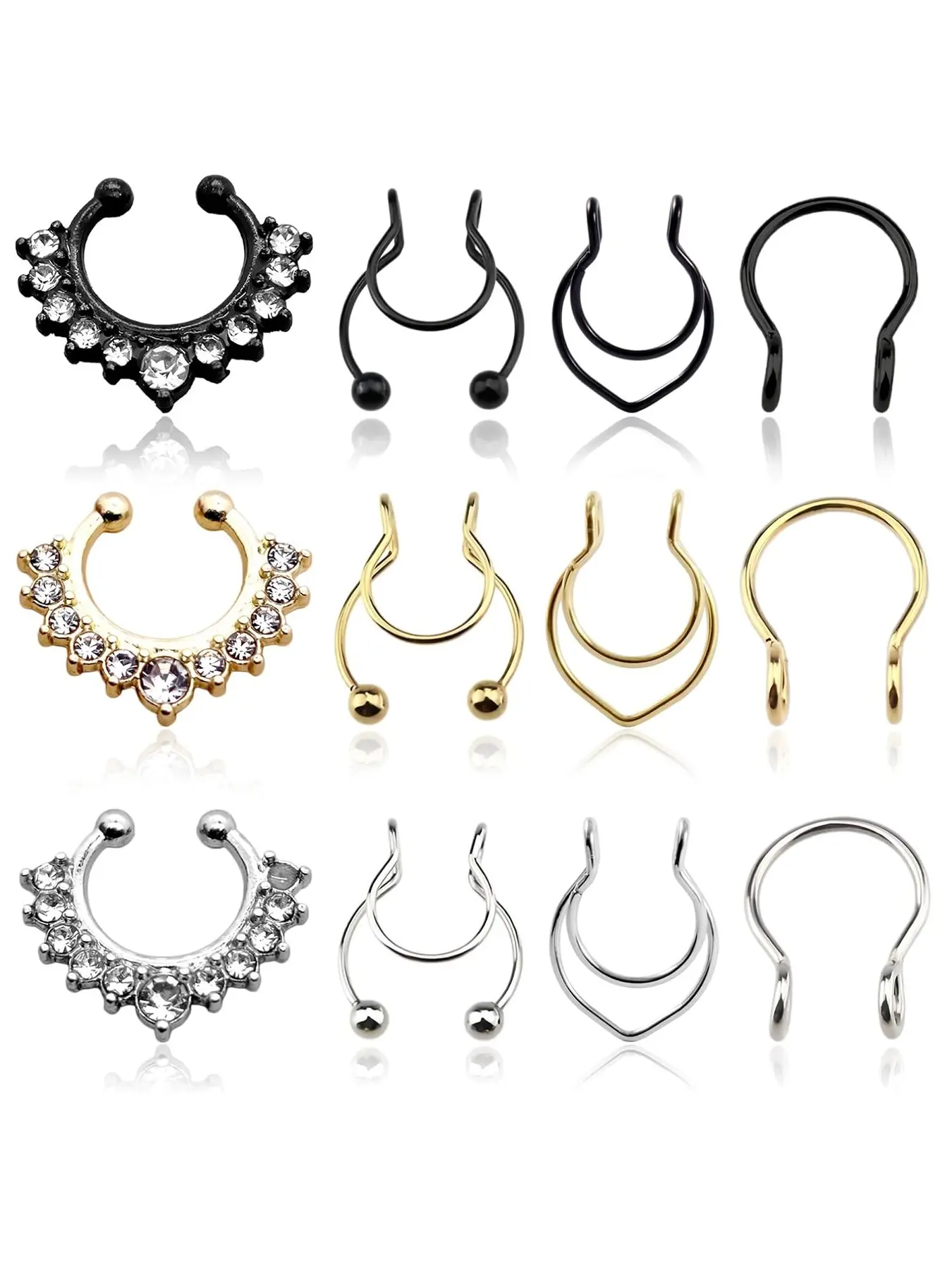 12 Piece Fake Nose Ring Set, Septum Rings, Stainless Steel Non-Piercing Nose Jewelry, Unisex Silver Nose Accessories