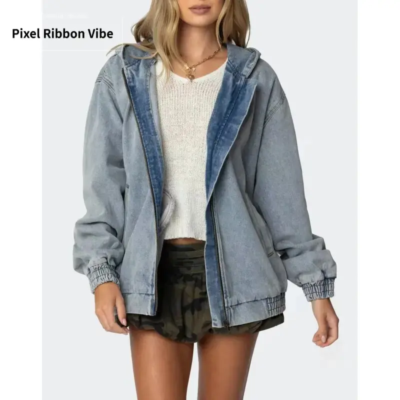 Vintage Washed Denim Bomber Jacket with Hood Vintage Washed Denim Bomber Jacket with Hood